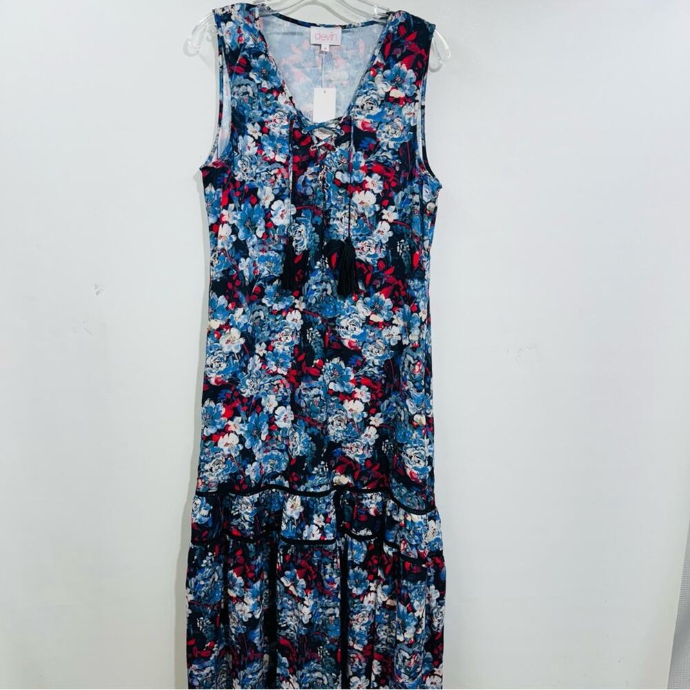 Devlin Blue Foliage Floral Sleeveless Up Lace Top Tassel Maxi Dress‎ Size M  New